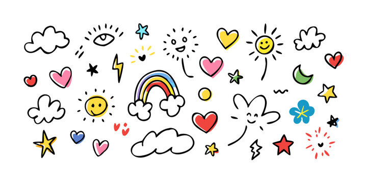 A vibrant assortment of handdrawn doodles, including hearts, stars, clouds, rainbows, suns, and eyes, , creating a lively and imaginative composition