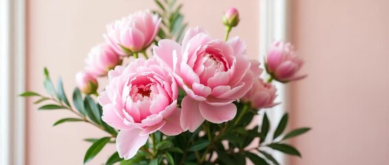 Elegant pink peonies gently sway as the camera slowly pans, capturing their delicate beauty in a warm, cinematic style against a soft, pastel background, perfect for floral-themed stock footage.