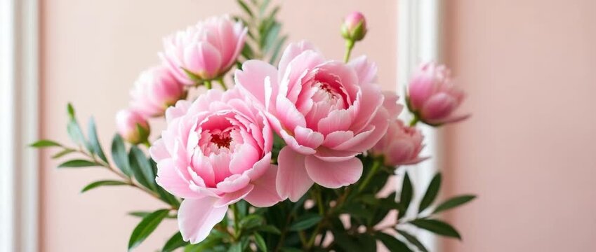 Elegant pink peonies gently sway as the camera slowly pans, capturing their delicate beauty in a warm, cinematic style against a soft, pastel background, perfect for floral-themed stock footage.