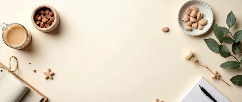Top view of a serene workspace with coffee and nuts; camera gently pans over a minimalist desk setup; leaves sway softly; cinematic style enhances productivity and calm.