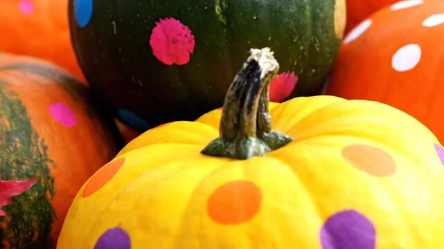 Polkadotted pumpkins stacked in a fall display
