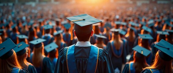 Graduation celebration with students in caps and gowns, highlighted by golden sunlight; camera slowly pans, capturing the excitement and anticipation in a cinematic, inspirational style. - Powered by Adobe