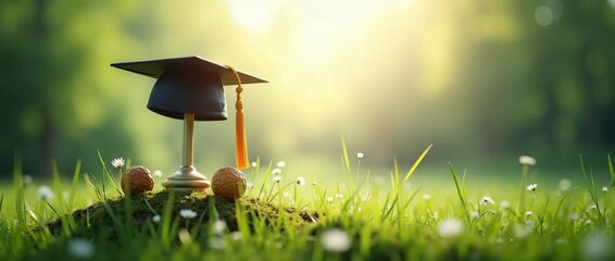 Graduation cap rests on lush grass as sunlight filters through trees, with a gentle breeze swaying flowers; cinematic slow pan highlighting nature's serene beauty.