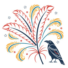 Stylized Raven Bird With Colorful Feathers And Stars crow bird