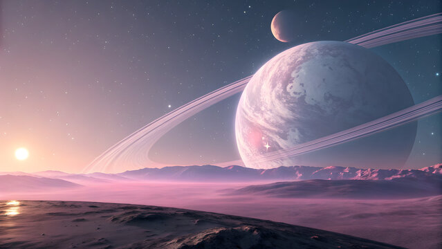 alien planet landscape with rings - Powered by Adobe