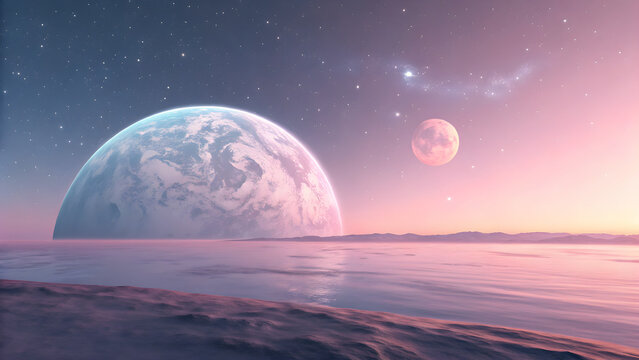 Distant planets over tranquil sea