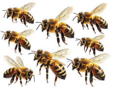 Swarm of Flying Honeybees in Motion, Realistic Insect Group, Isolated on Transparent Background