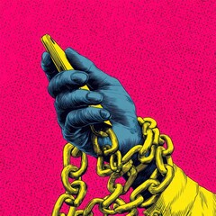 Hand holding smartphone wrapped in heavy chain, symbolizing technology addiction and digital dependence, with vibrant pop art style and emotional tension