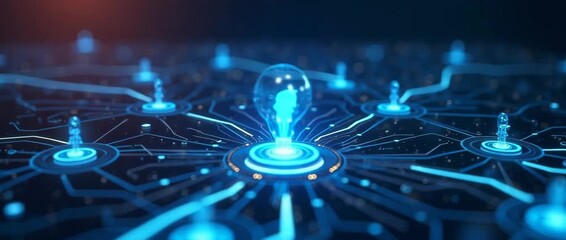 Futuristic digital network with glowing lightbulb nodes pulsating gently as the camera performs a slow pan, highlighting innovation and technology in a cinematic style. - Powered by Adobe