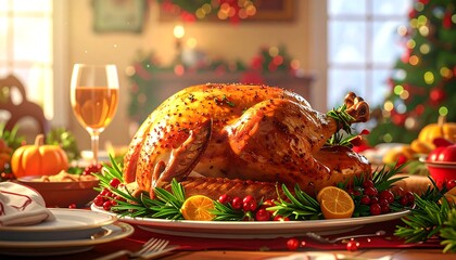 Festive Thanksgiving Turkey Dinner with Holiday Decorations.