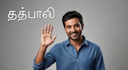 A smiling young man with dark hair and a blue shirt waving with his right hand against a plain gray background, with Tamil text in the upper left corner