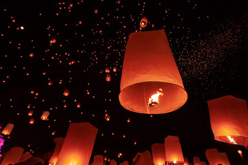 Floating lanterns take place during Thailand's Loi Krathong festival on the night of the full moon.