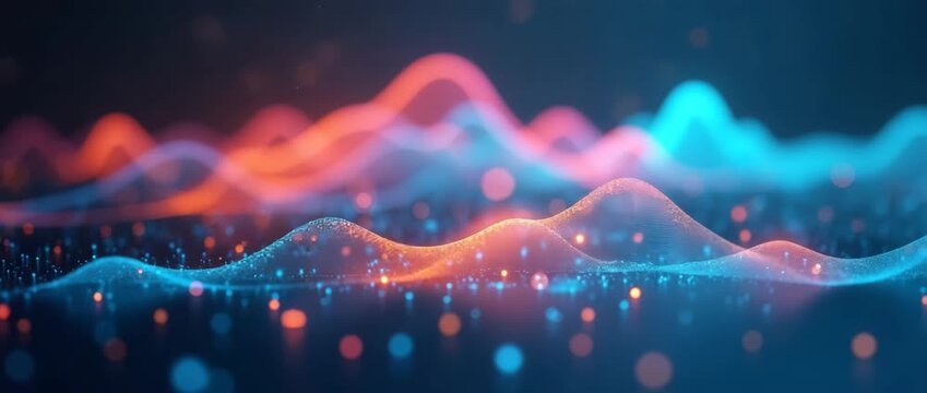 Dynamic waves of glowing data pulses gently sway across a futuristic digital landscape as the camera slowly pans, creating a mesmerizing, cinematic, and abstract technology backdrop.