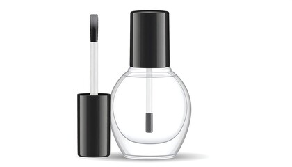 Obraz premium A clear nail polish bottle with a black cap and applicator brush, set against a solid white backdrop