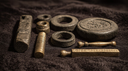 mathematics. Ancient bronze weights and tools arranged on dark velvet cloth. event programs, museum guides, designed for cultural heritage projects and event programs, elevates cultural identity.