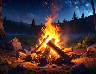 Burning campfire at night in the forest under a starry sky