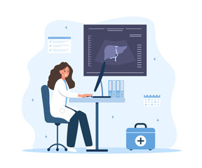 Hepatology concept. Liver ultrasound diagnostics. Medical female specialist evaluating hepatic parenchyma for fibrosis, lesions or metastases. Vector illustration in flat cartoon style.