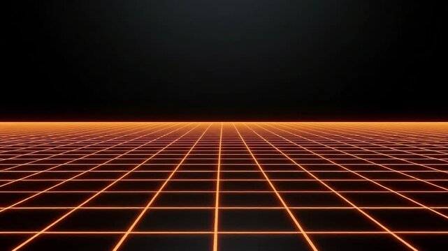 Orange grid lines create a perspective view against a dark background.