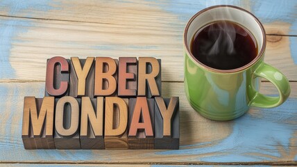 Cyber monday sale promotion with coffee mug on wooden table