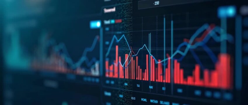 Dynamic financial graphs animate on a digital screen, while the camera slowly pans across, creating a cinematic exploration of market data and analytics in a high-tech environment. - Powered by Adobe