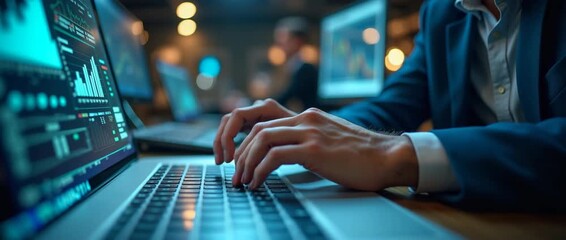Business professional typing on laptop with data analytics on screen; camera gently pans across modern office with ambient lighting; cinematic style emphasizes focus and innovation. - Powered by Adobe