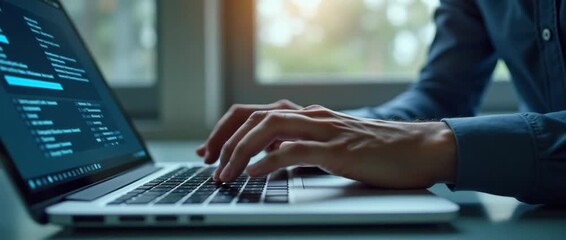 Professional hands typing on a laptop in a sunlit office, with a slow pan capturing the serene ambiance and gentle flicker of light, creating a cinematic feel ideal for technology and productivity the - Powered by Adobe