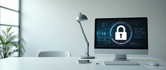 Minimalist office desk setup with a computer displaying a cybersecurity lock icon, ambient plant leaves gently sway, and the camera slowly pans, offering a sleek, modern visual style. - Powered by Adobe