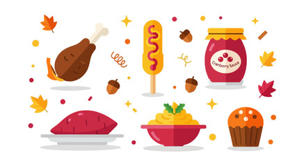 Fun Thanksgiving Food Flat Icon Set — Turkey Leg, Cranberry Sauce, and Pumpkin Muffin