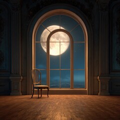 Grand room, moonlight through arched window, antique chair