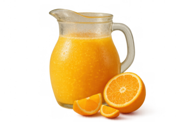 Fresh orange juice in glass pitcher with whole and sliced oranges, healthy citrus fruit beverage, transparent background
