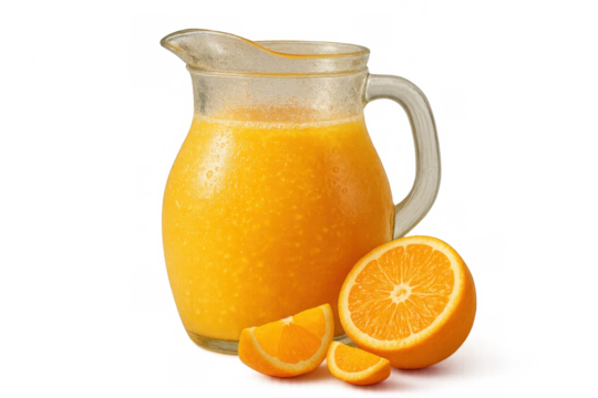 Fresh orange juice in glass pitcher with whole and sliced oranges, healthy citrus fruit beverage, transparent background