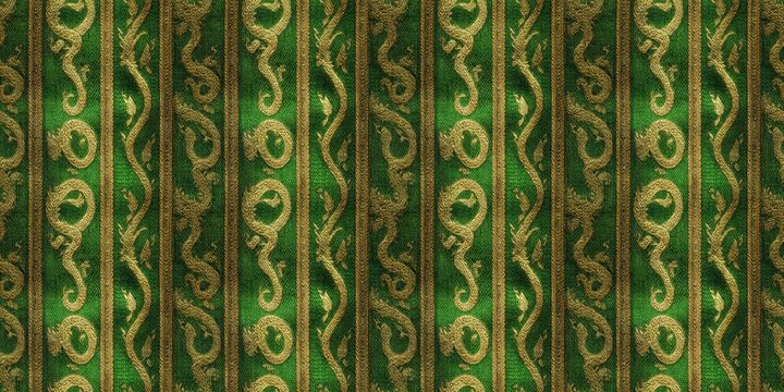 Ornate emerald and gold ornamental pattern with intricate traditional stylized botanical motifs, creating a luxurious and vibrant decorative background texture