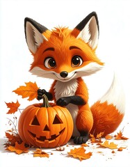 Obraz premium Fox Holding Autumn Leaf Near Carved Pumpkin for Halloween