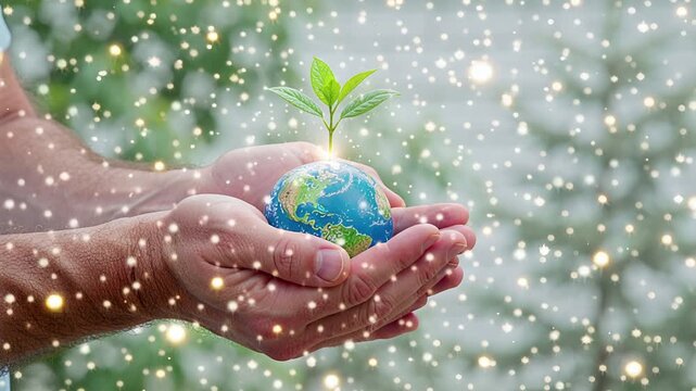 hands nurturing earth globe, sprout growing, environmental care concept | environment, sustainability, hope, nature, growth theme