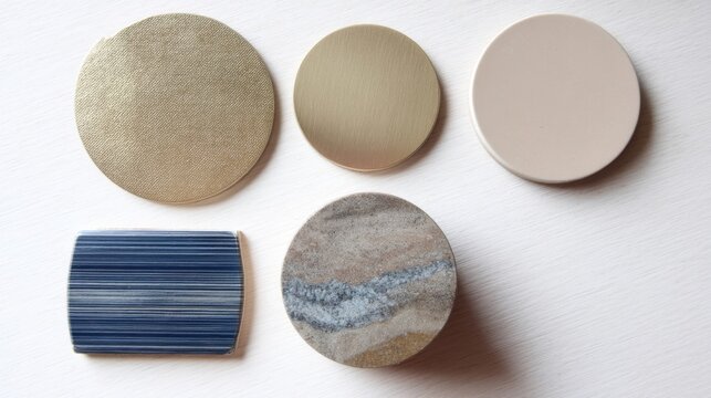 Five round items with gold texture, blue stripes, and gray marble patterns arranged elegantly on a white surface.