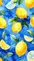 Cheerful lemon pattern with blue watercolor background, scattered leaves, and white sparkles
