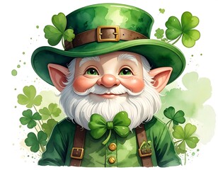 Cheerful leprechaun with white beard, green hat, and shamrocks in watercolor style