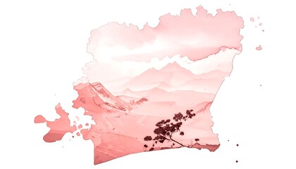 Watercolor Landscape - A Serene Mountain Vista in Soft Pink Hues.