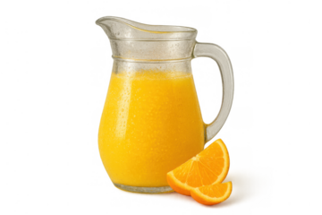 Orange juice pitcher filled with fresh citrus beverage, segments of fruit on the side, isolated with transparent background