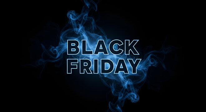 Black friday neon light banner. Futuristic smoke. Dark background. Beautiful swirling gray smoke. Mockup for your logo