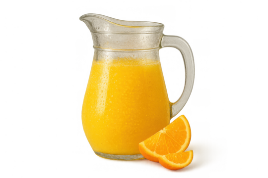 Orange juice pitcher filled with fresh citrus beverage, segments of fruit on the side, isolated with transparent background