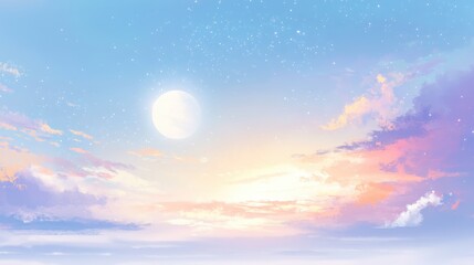 Obraz premium Dreamy pastel sky with glowing moon and scattered stars evokes serene twilight beauty and peaceful ambiance for creative projects