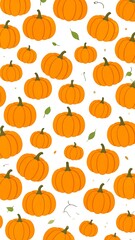 Cheerful, orange pumpkin seamless pattern on white background with scattered leaves and tendrils