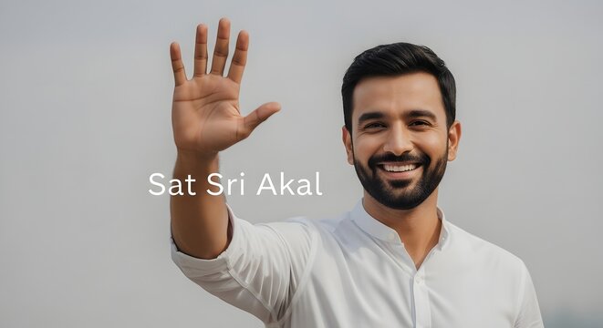 A smiling man with a beard and short dark hair waving his hand in a friendly gesture against a plain light gray background