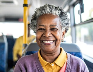 Cheerful older Black woman with gray hair smiling on a bus, wearing a purple sweater