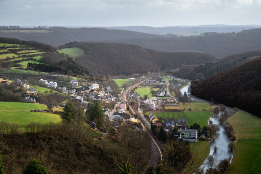 Aerial view shows Bourscheid village nestled in Luxembourg&rsquo;s northern hills.