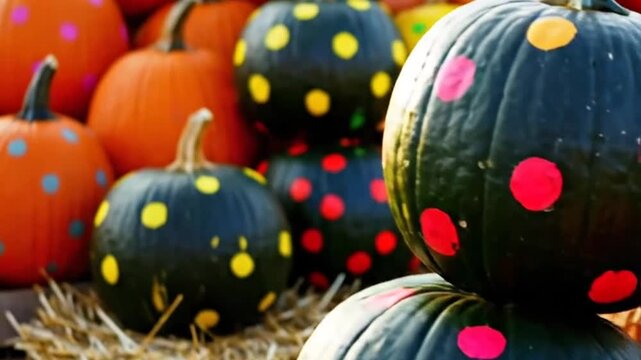 Whimsical pumpkins with colorful polka dots