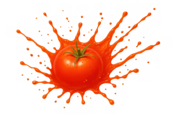 Healthy tomato with green stem splashing fresh red juice liquid, creating a vibrant explosion, transparent background
