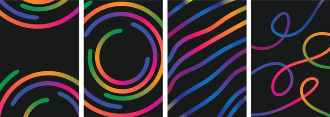 Abstract Gradient Line Patterns on Black Background. Vector Circle Shape Color Geometric Graphics
