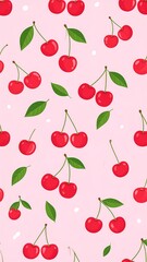 Cheerful pattern of red cherries and green leaves scattered across a light pink background